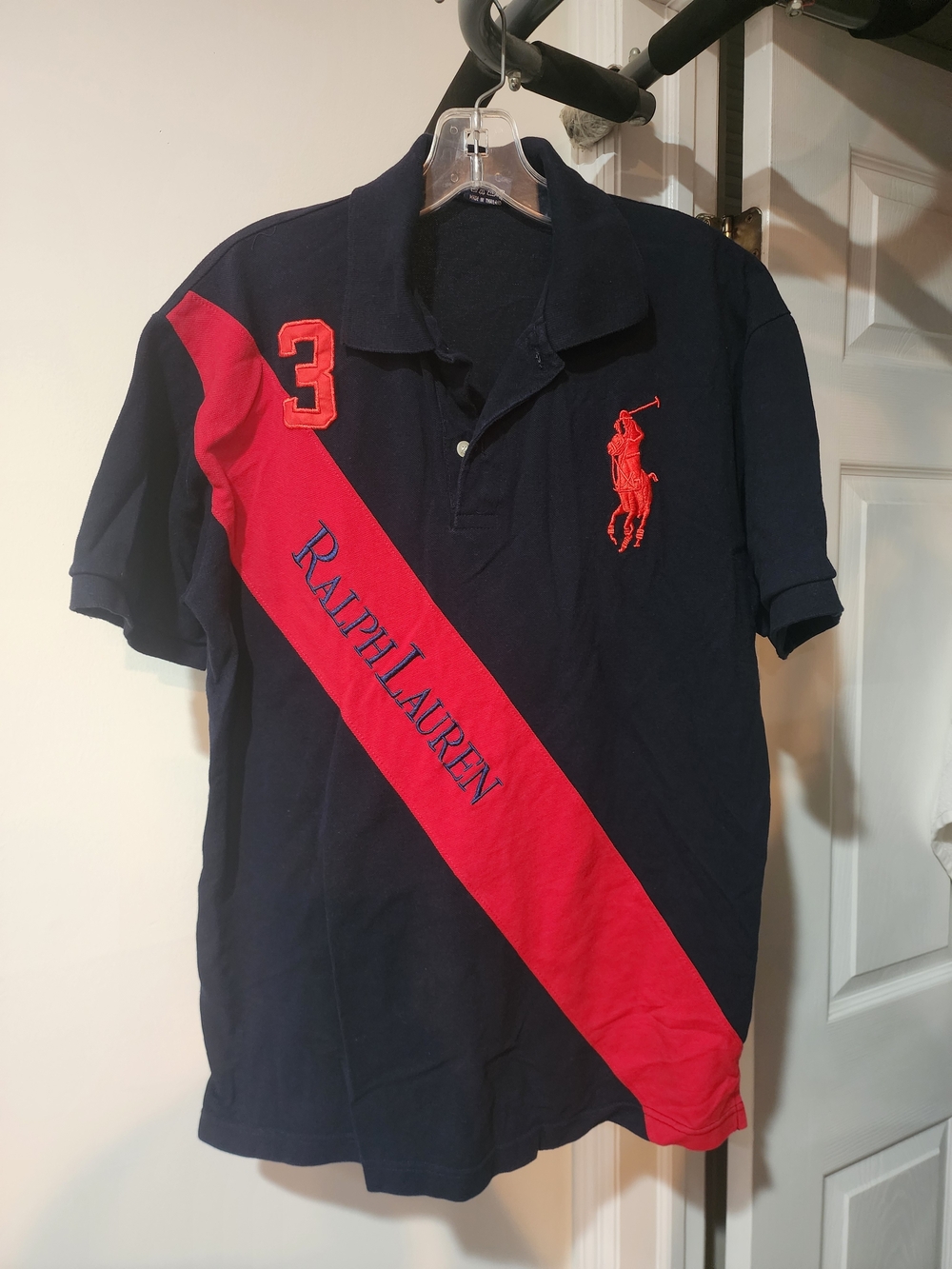 Ralph Lauren Navy & Red Polo Shirt with Diagonal Stripe. S-M
